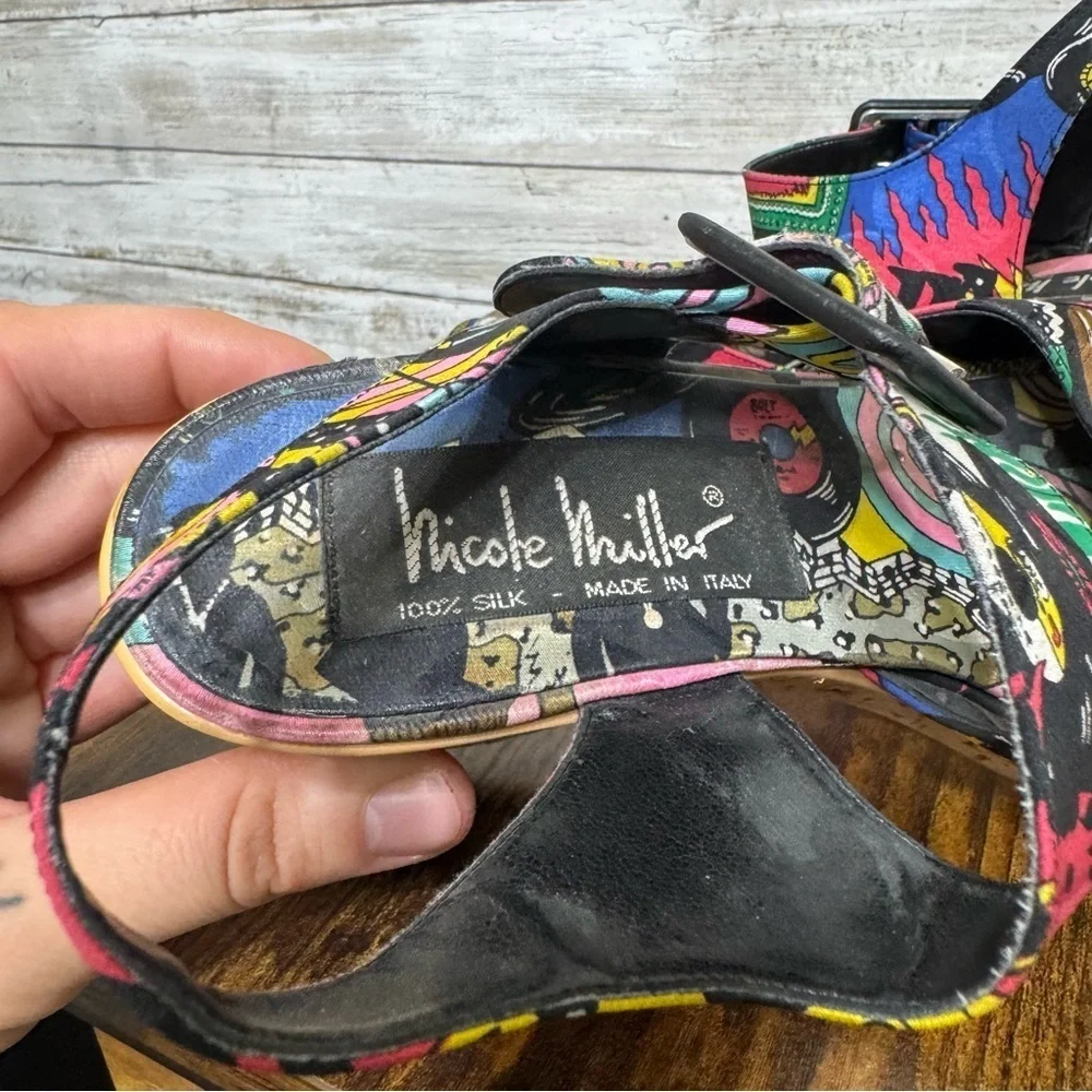 Nicole Miller Silk Platform Wedge Sandals 1960's Jazz Soul Music Pattern Size 7